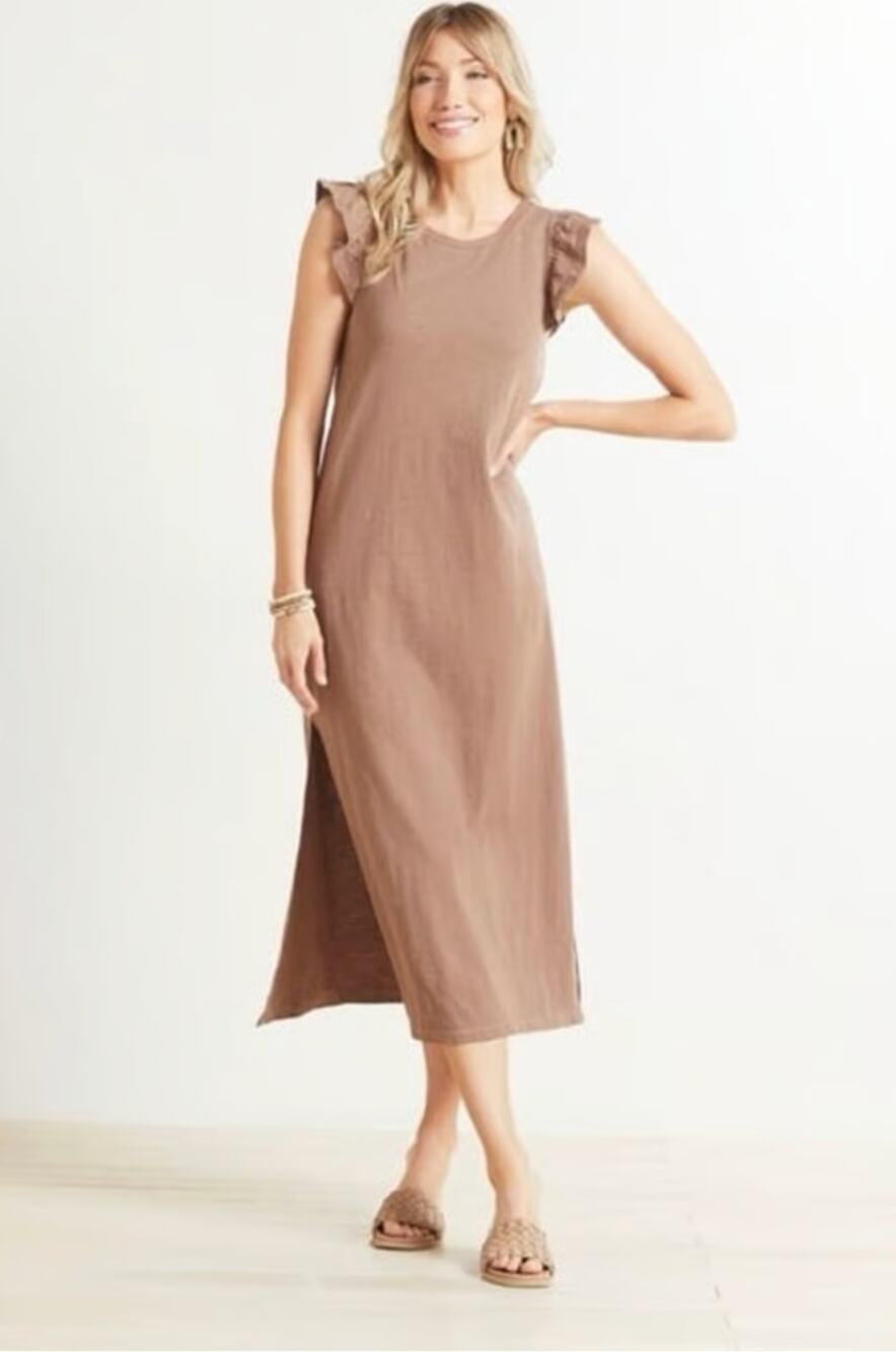 Z Supply Blakely Slub Cotton Ruffle Midi Side Slit Dress in Brown // XS